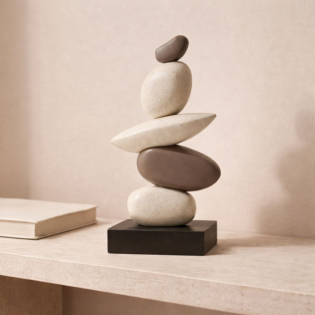 Stack of balanced stones on a table with a neutral background