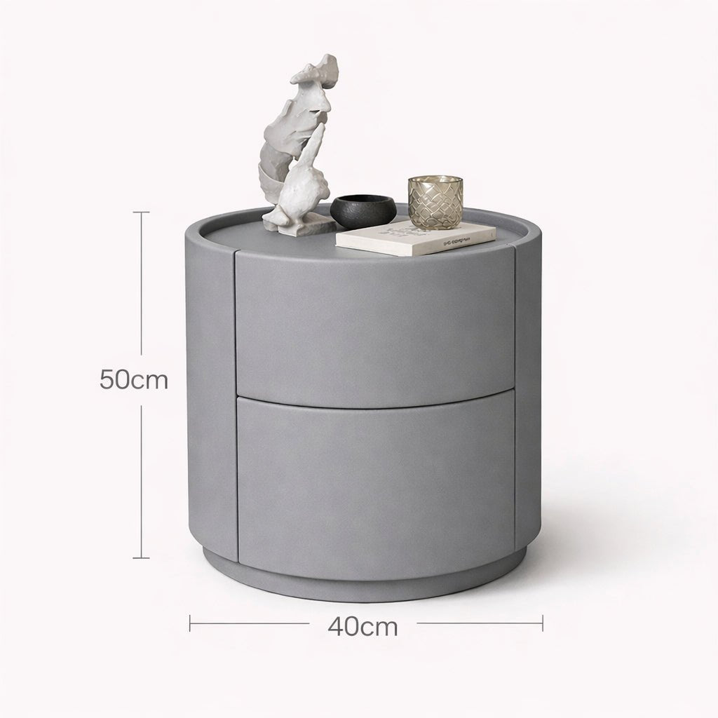 Gray side table with measurements on a white background
