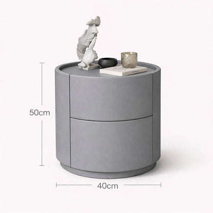 Gray side table with measurements on a white background