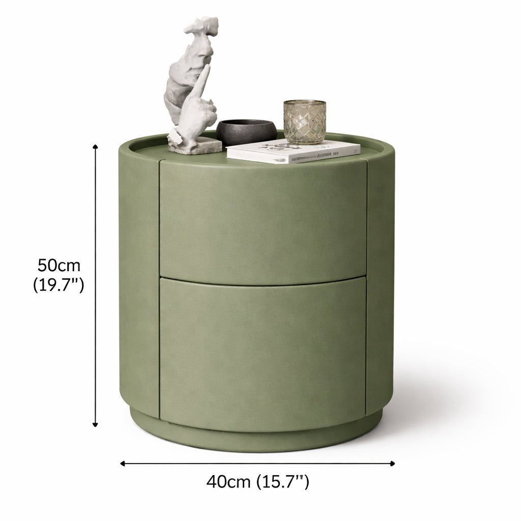 Green side table with measurements on a white background