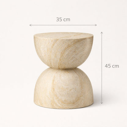 Beige stone table with dimensions on a white background