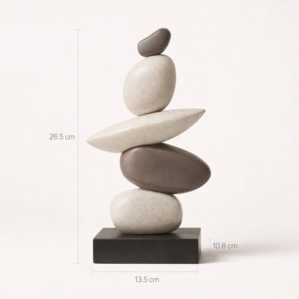 Stack of balanced stones on a white background with measurements indicated