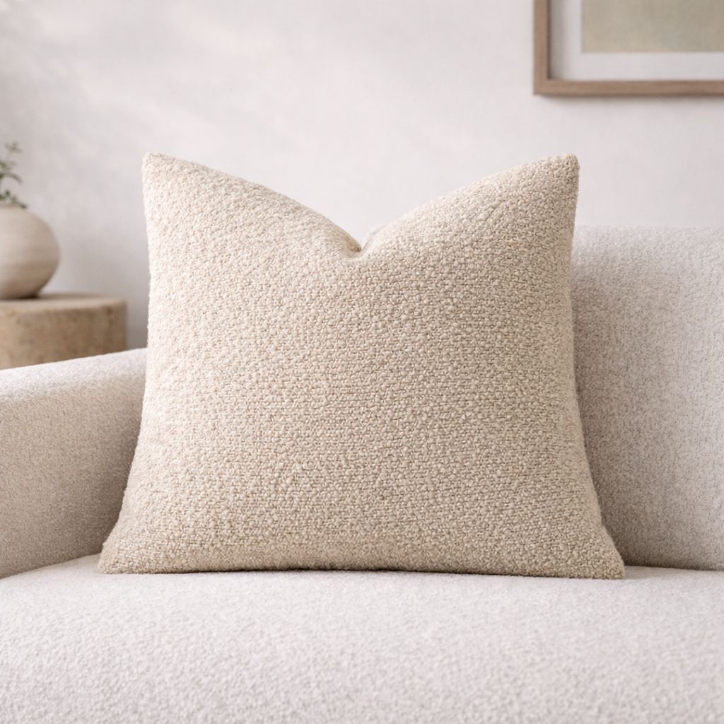 Beige textured pillow on a light gray sofa with a neutral background