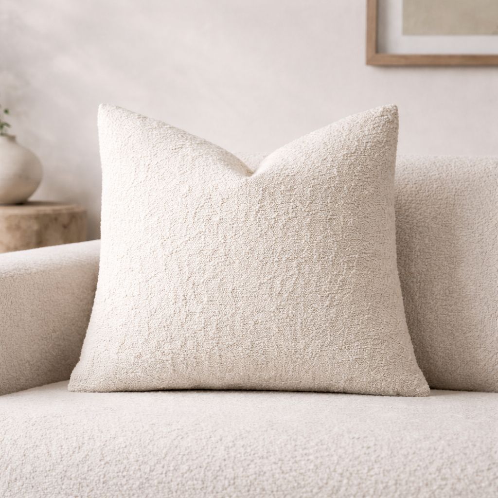 Textured beige pillow on a light-colored sofa with a neutral background