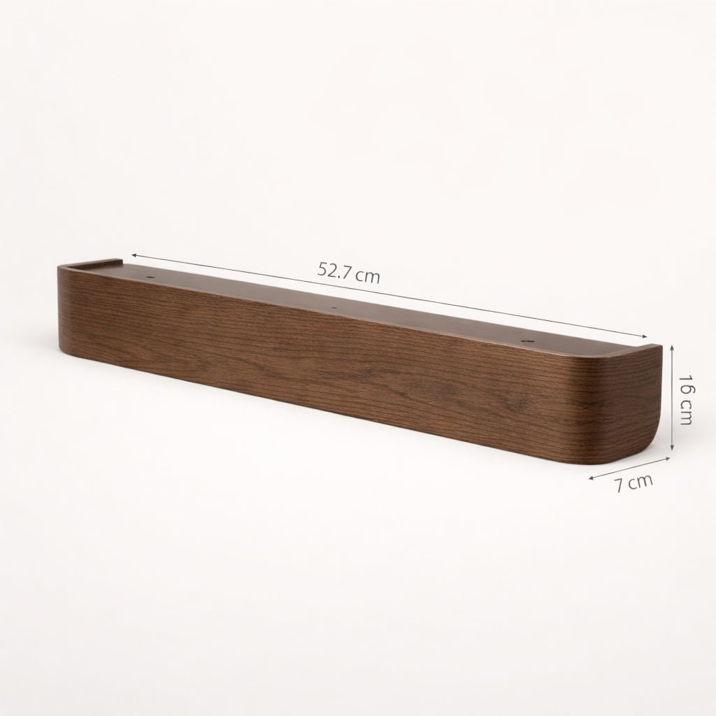 Wooden shelf with dimensions on a white background