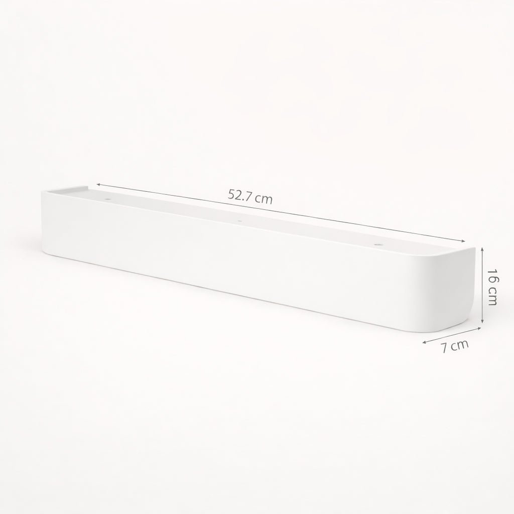 White coat rack and shelf with dimensions on a white background