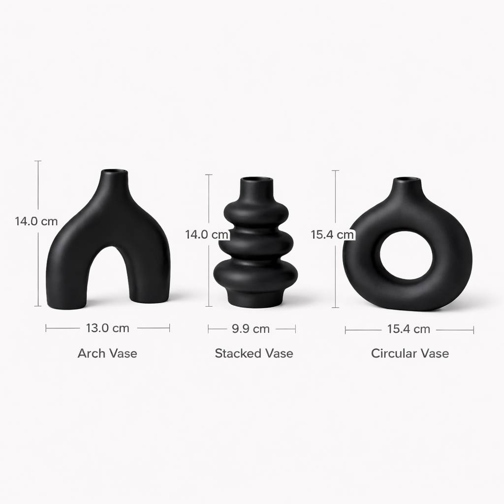 Three black vases with measurements on a white background