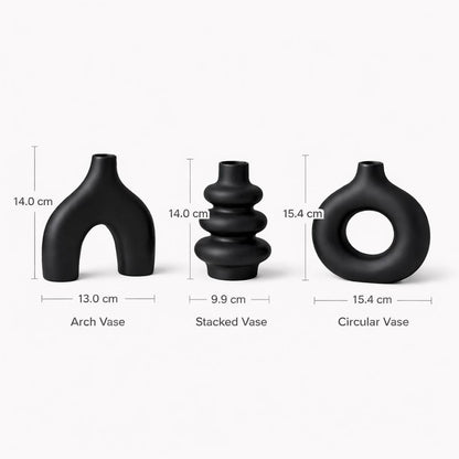 Three black vases with measurements on a white background