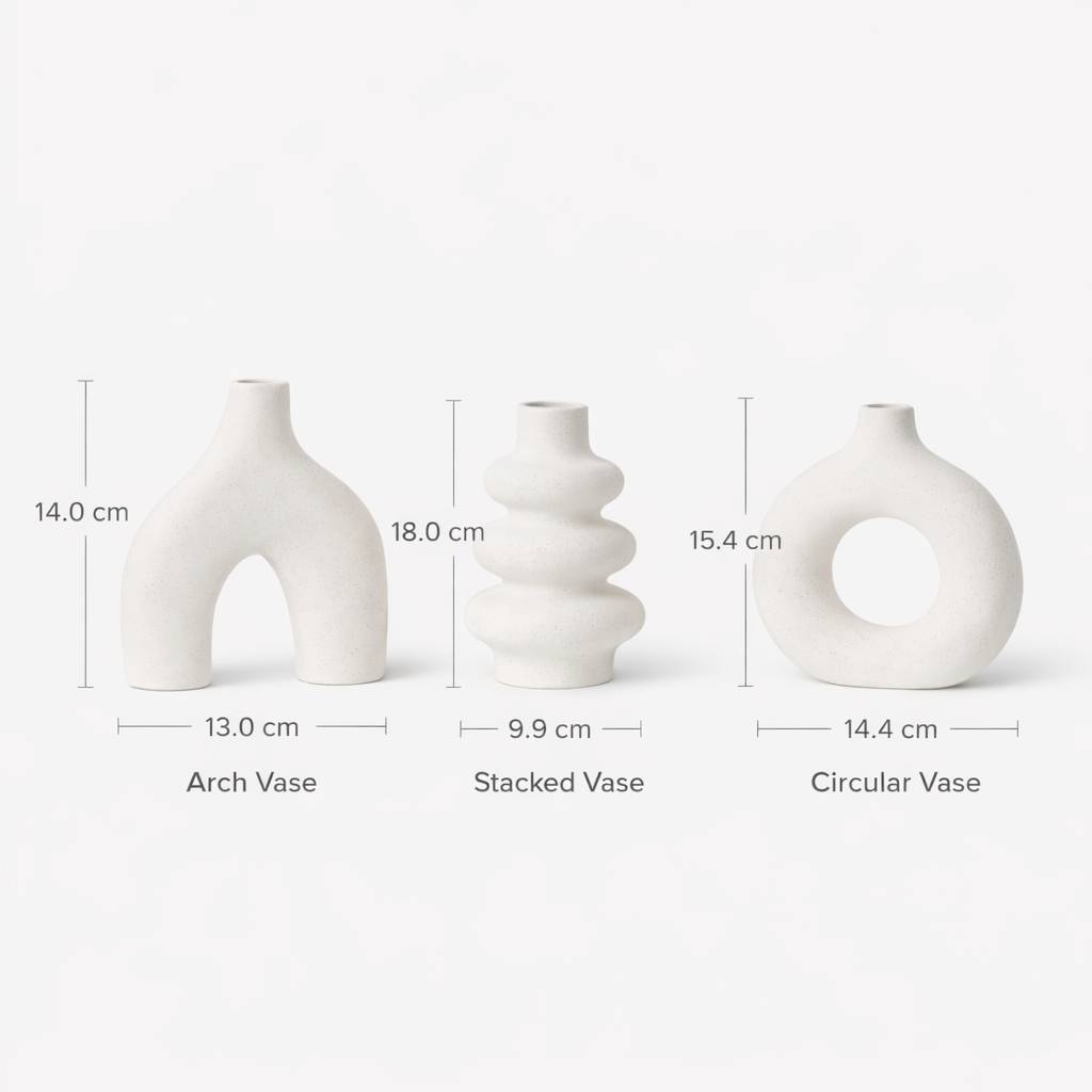 Three white vases with measurements on a light gray background