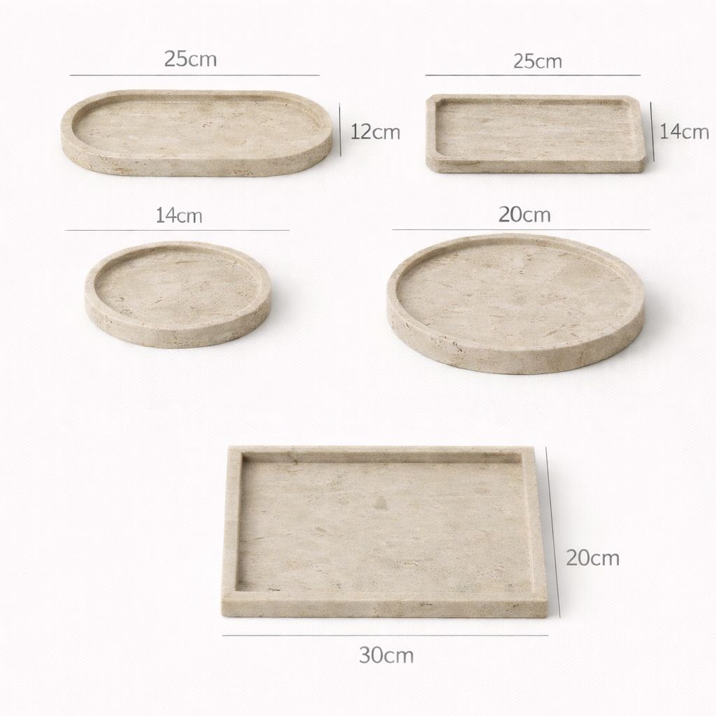 Set of stone trays with dimensions labeled on a white background