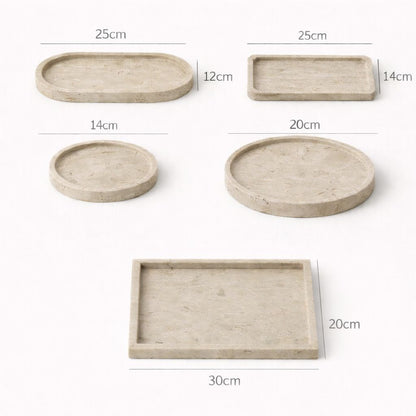 Set of stone trays with dimensions labeled on a white background
