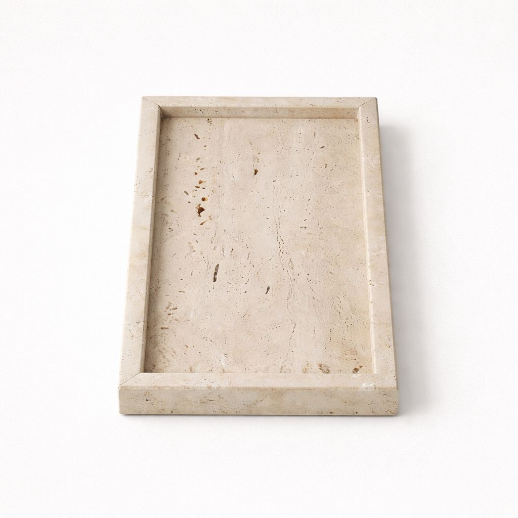 Beige rectangular stone tray on a white background