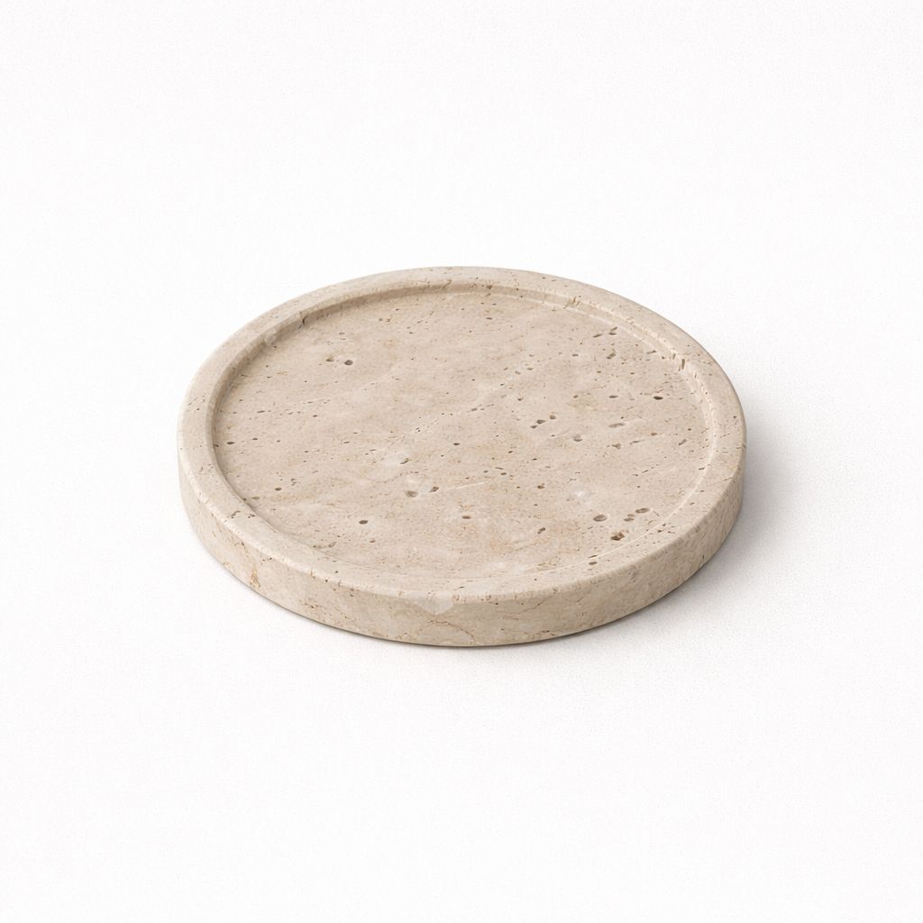 Round beige ceramic plate on a white background