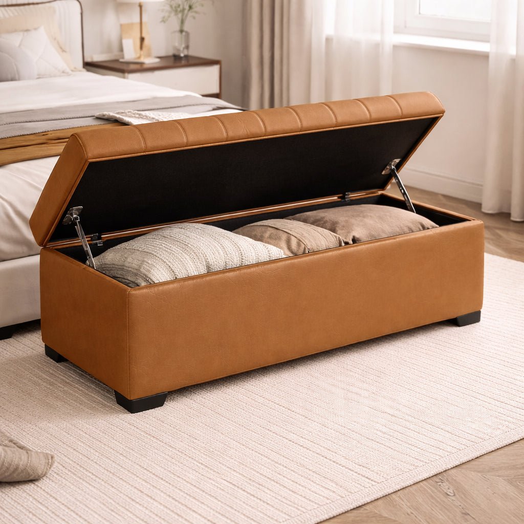 Brown storage ottoman with cushions in a bedroom setting