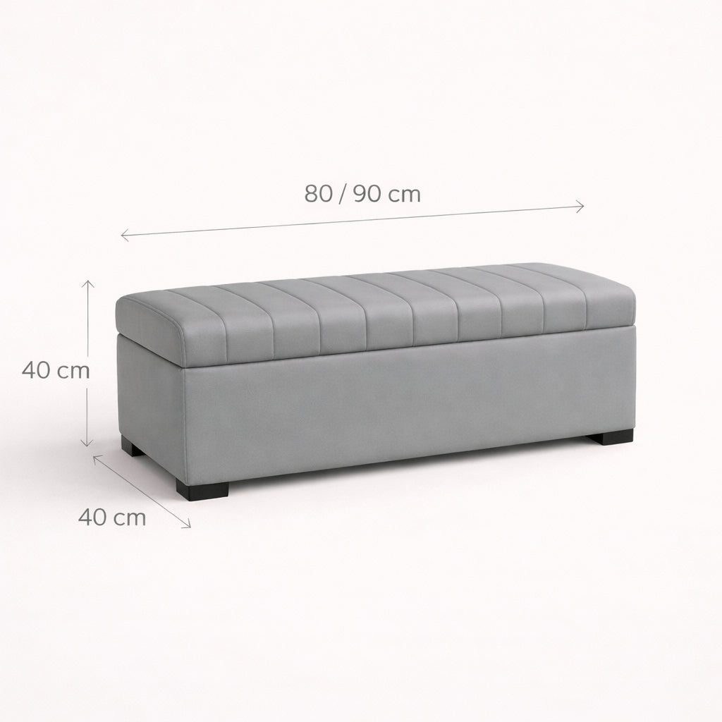 Gray storage bench with dimensions on a white background