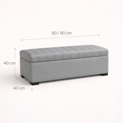 Gray storage bench with dimensions on a white background