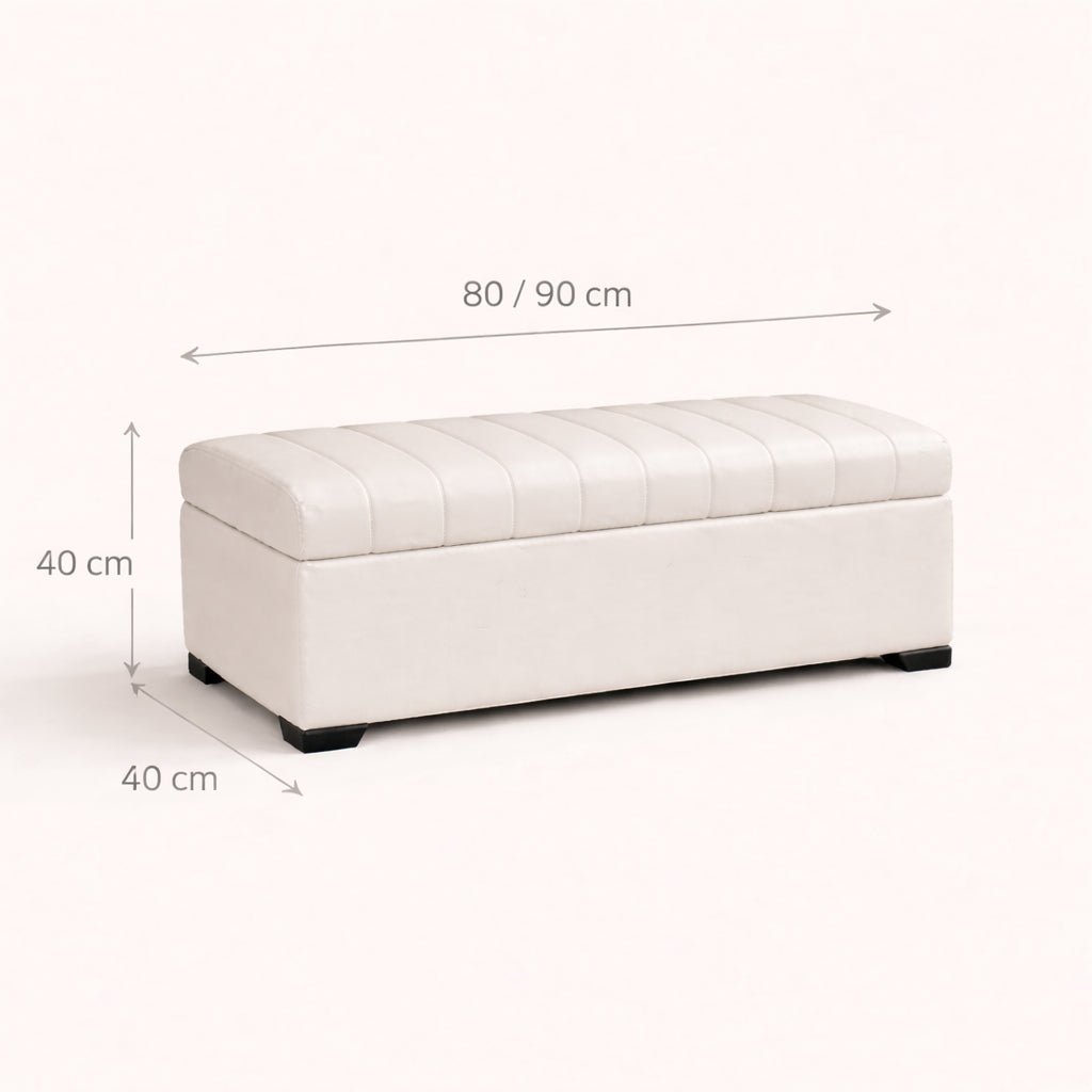 White storage bench with dimensions on a white background
