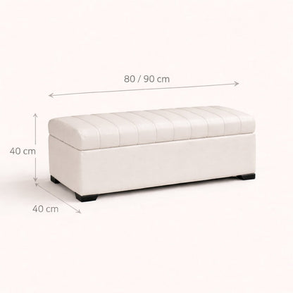White storage bench with dimensions on a white background