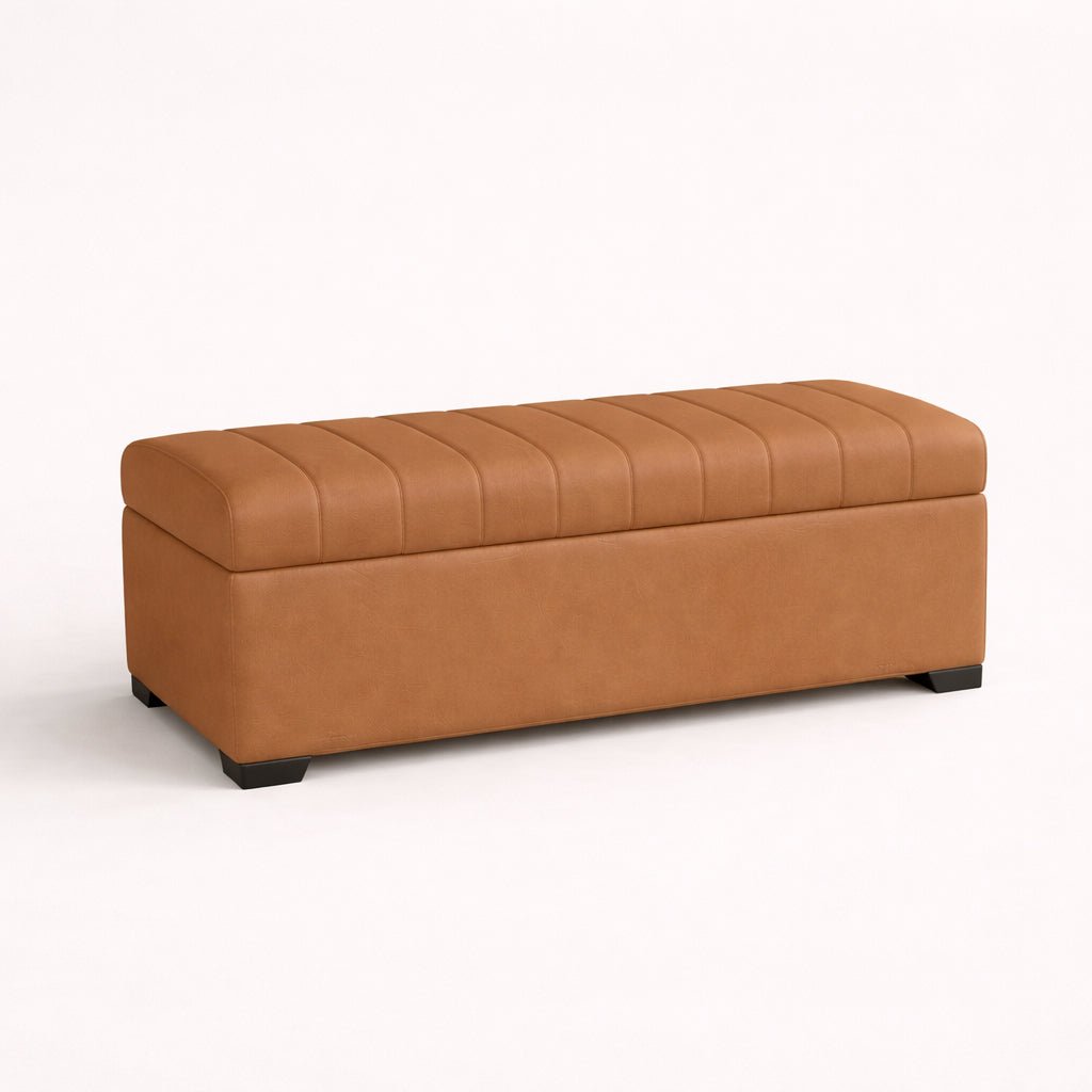 Brown leather ottoman on a white background