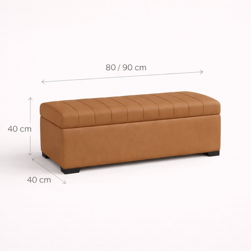 Brown storage bench with dimensions on a white background