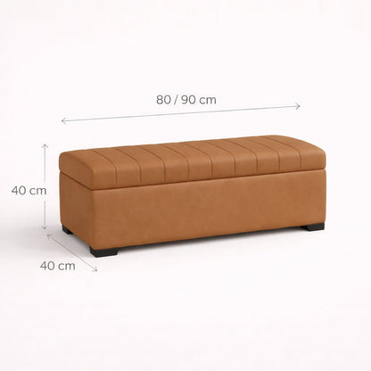 Brown storage bench with dimensions on a white background