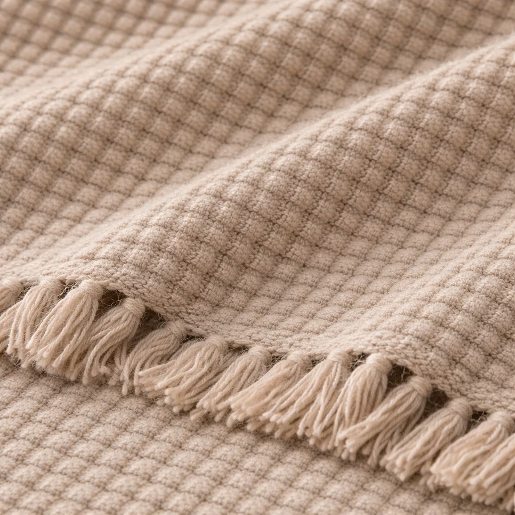 Beige textured blanket with tassels on a matching background