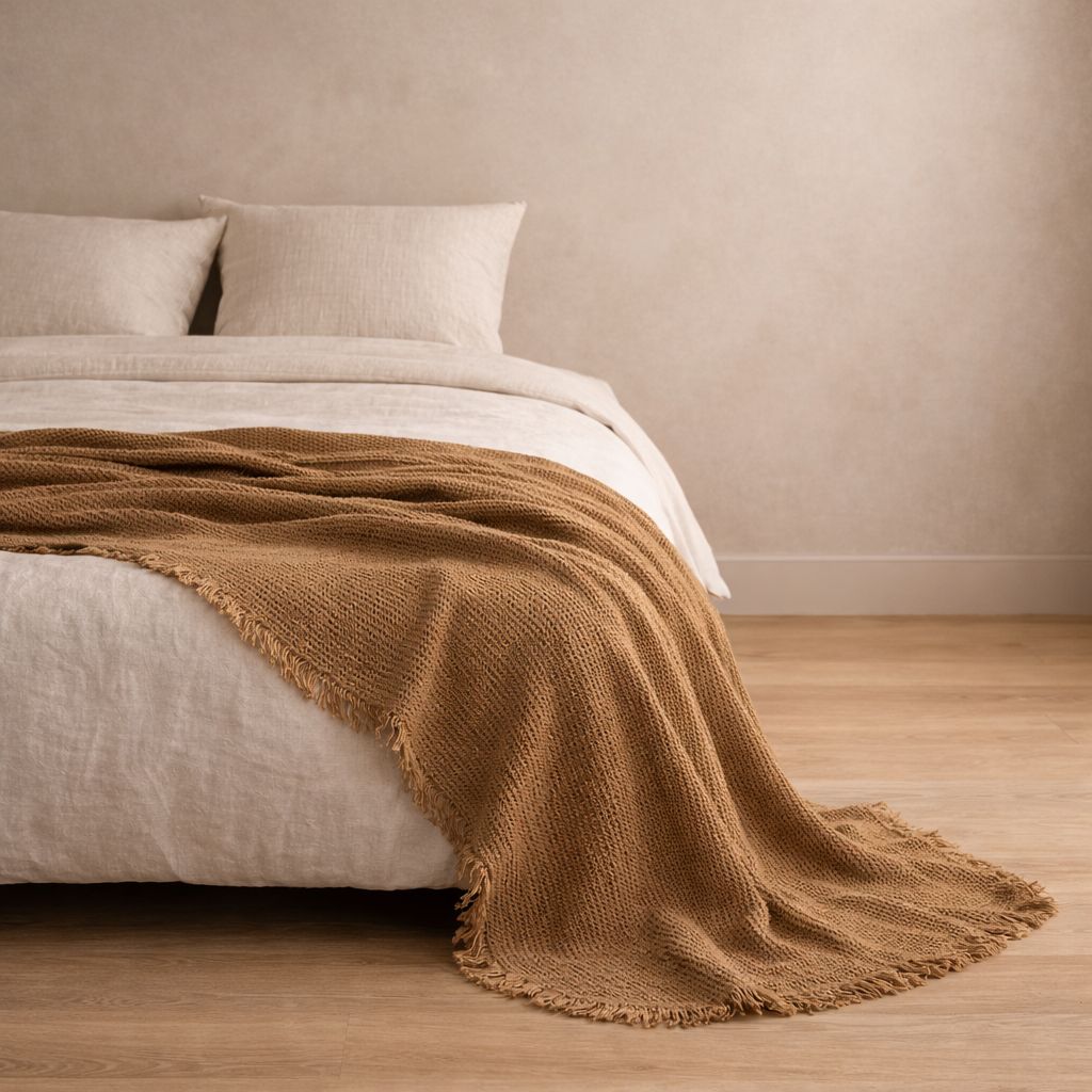 Bed with brown blanket and white bedding against a beige wall.