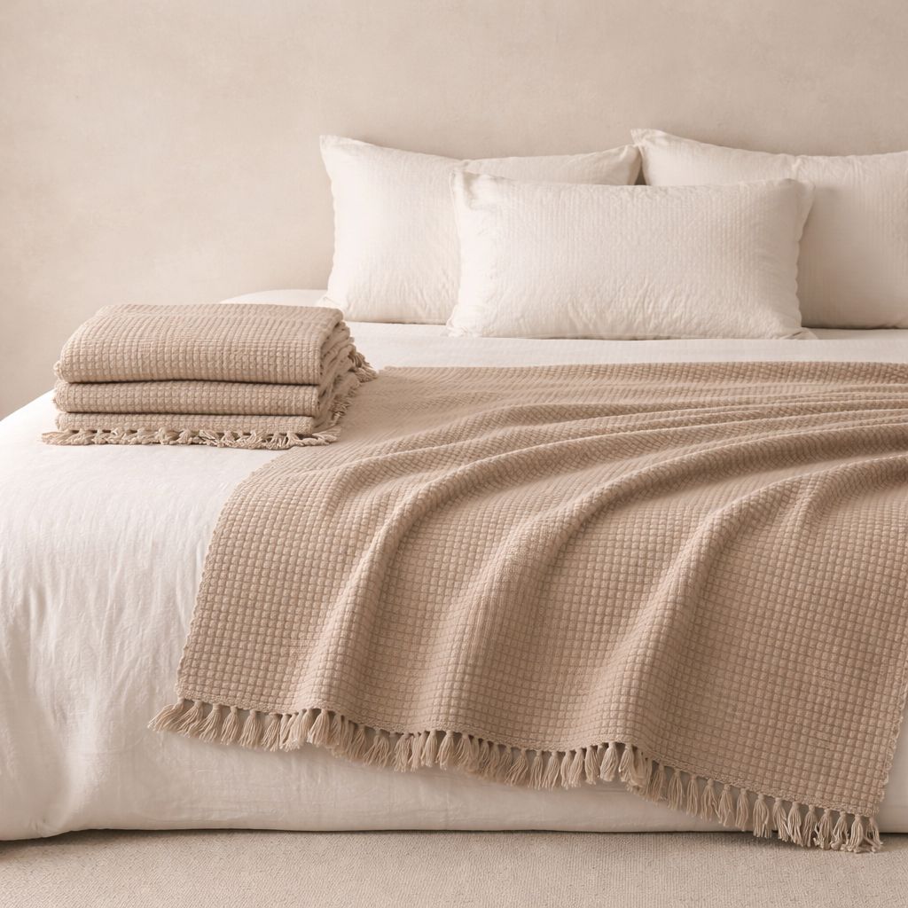 Beige checkered blanket on a bed with white pillows and folded beige towel.