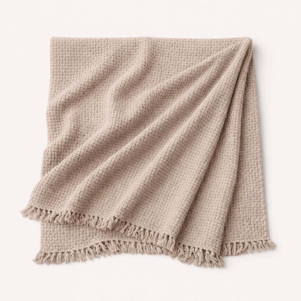 Beige woven blanket with frayed edges on a white background