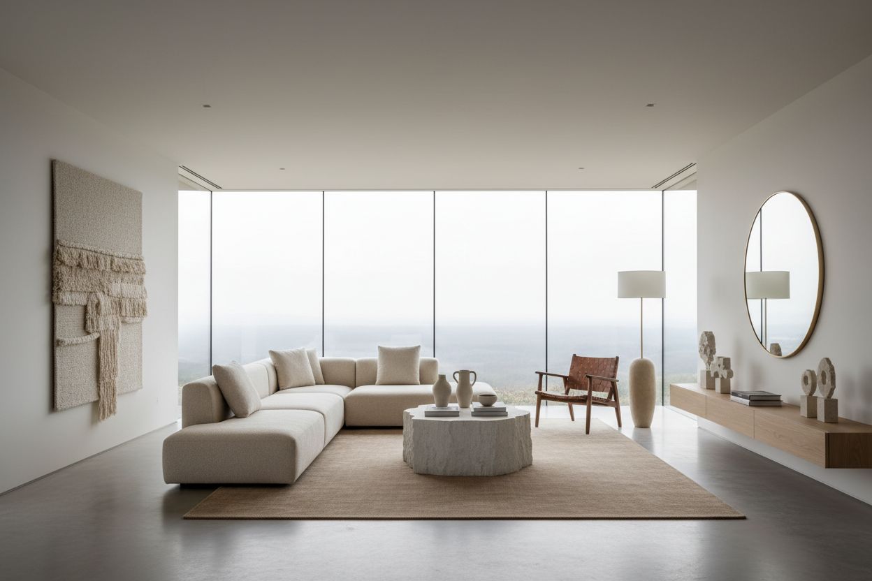 Modern living room with a sectional sofa, coffee table, and decorative items.