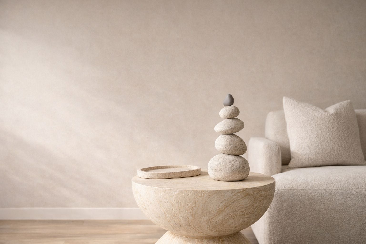 Stylized stones on a round stone table in a minimalistic room with a beige sofa.